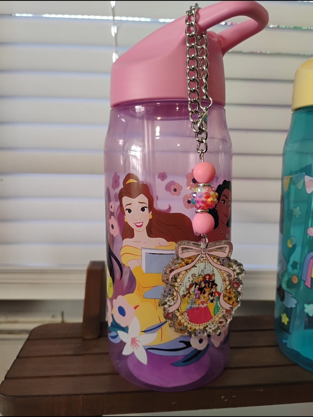 Pink Disney Princess Water Bottle with handmade cup Charm